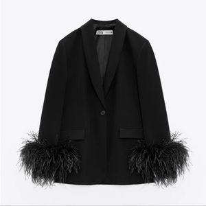 Feather Trim Blazer Black